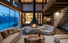 EVA-998-Cheminee mit Fels_block_Stein_gebrochen_360_Feuersicht_Designercheminee